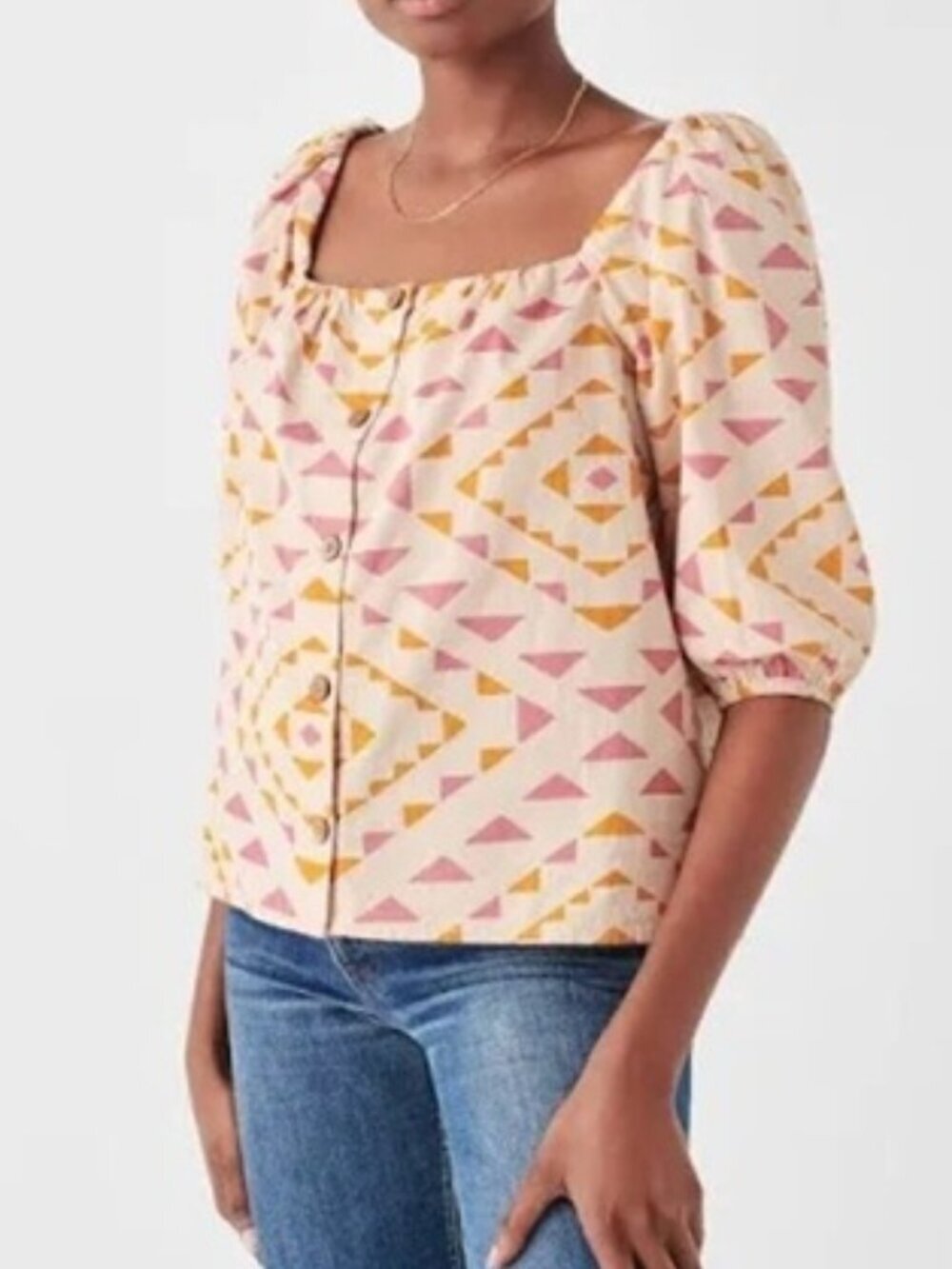 Faherty B. Yellowtail Cali Blouse Cream Triangle Print Balloon Sleeve Top Size L